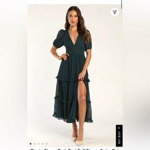 Lulus Tier to Please Dark Teal Puff Sleeve Swiss Dot Midi Dress